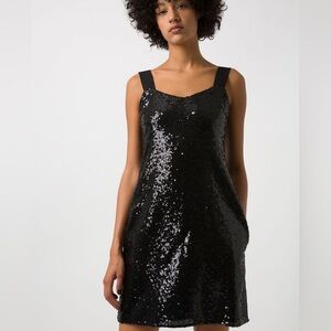 NWT Hugo Boss Black sequin dress,
pockets! Ribbon bow straps sz 10. NYE holiday!